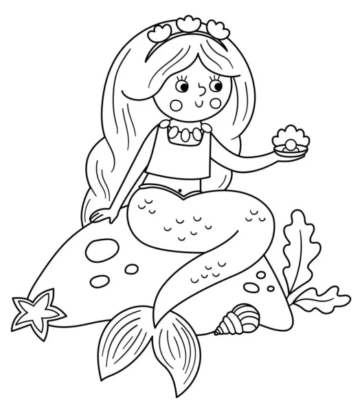 Fairy Tale Black White Vector Mermaid Sitting Rock Holding Pearl — Stock Vector