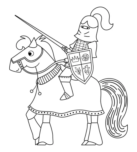 馬の上のおとぎ話黒と白の騎士 ファンタジーライン装甲戦士着色ページ 剣と盾でヘルメットのおとぎ話の兵士 中世のキャラクターと武器と漫画のアイコン — ストックベクタ
