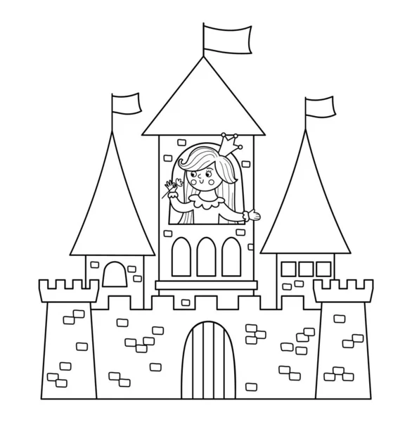 Château Vectoriel Noir Blanc Avec Icône Princesse Isolée Sur Fond — Image vectorielle