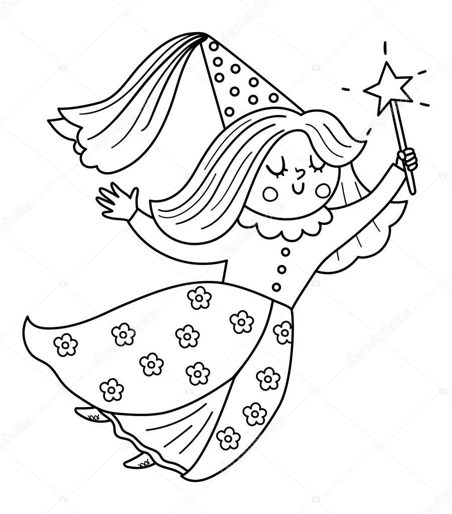 Fairy tale black and white vector fairy with magic wand. Fantasy line flying sorceress in tall hat. Fairytale character. Cartoon magic icon or coloring pag