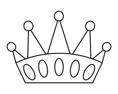 Beyaz arka planda izole edilmiş siyah beyaz bir taç. Vektör hattı fantezi kralı ya da kraliçe aksesuarı. Hükümdarın otorite sembolü. Ortaçağ Kraliyet Mücevherleri