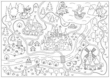 Peri masalı siyah beyaz krallık haritası. Ortaçağ köy hattı geçmişi. Peri masalı şatosu. Deniz, dağlar, orman ve gemi içeren bilgi elementleri. Fantezi kasaba boyama bezi