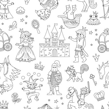 Peri masalı karakterleri ve objeleri olan siyah ve beyaz desenli. Fantezi prensesi, kral, kraliçe, cadı, şövalye, tek boynuzlu at ve ejderha ile özet geç. Sihirli kale dijital katmanı