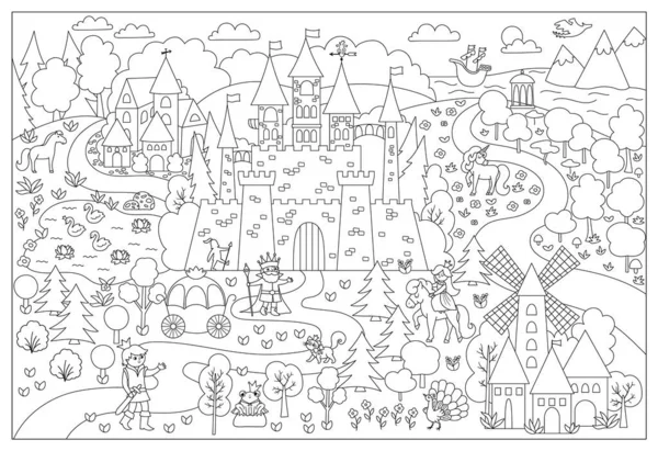 Vektorové Černobílé Pohádkové Království Ilustrace Hrad Fantasy Linie Obrázek Postav — Stockový vektor