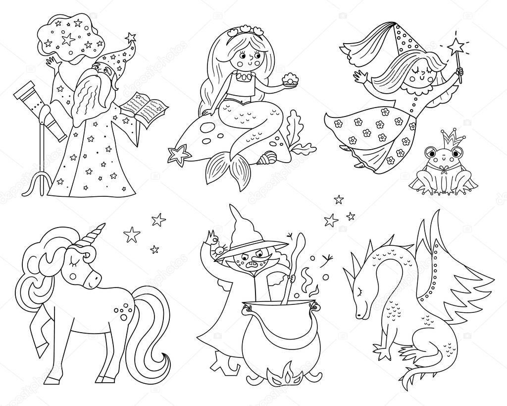 Fairy tale black and white characters collection. Vector line set with fantasy witch, unicorn, dragon, fairy, magician, mermaid, frog prince. Medieval fairytale castle pack. Cartoon magic icons for kids