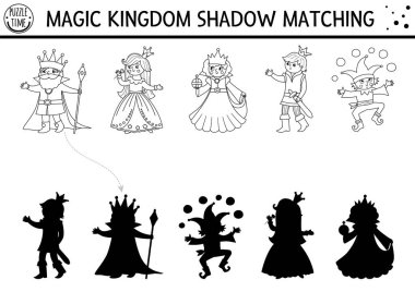 Peri masalı siyah ve beyaz gölgeler kral, kraliçe, prens ve prensesle eşleşiyor. Sihirli krallık yapbozu Doğru siluet yazdırılabilir çalışma tablosu ya da oyun bul. Çocuk için peri masalı boyama sayfası