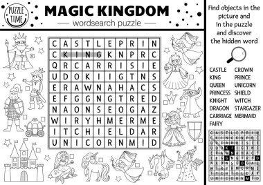 Çocuklar için siyah-beyaz peri masalı kelime bulmacası. Fantezi yaratıklarla dolu basit bir sihirli krallık bulmacası. Kale, prenses ve tek boynuzlu atla renklendirme sayfası aktivitesi. Peri masalı.