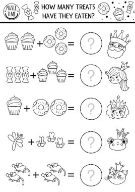 Tatlı peri masalı karakterleri, çörekleri, tatlıları olan kaç şeker oyunu. Siyah ve beyaz büyü krallığı anaokulu öğrencileri için matematik ek aktivitesi. Yazdırılabilir basit sayma çalışma tablosu veya renklendirme pag