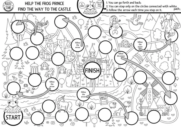 中世の村の地図とおとぎ話の黒と白のサイコロボードゲーム マジックキングダムラインボードゲーム おとぎ話のアクティビティ 子供のための印刷可能なワークシート カエル王子 城とぬりえページ — ストックベクタ
