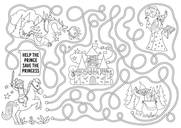 Mesebeli Labirintus Gyerekeknek Fantázia Karakterekkel Varázslat Királyság Óvodai Nyomtatható Tevékenység — Stock Vector