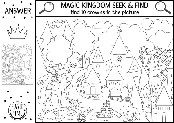 Ortaçağ köyü manzarası ve prensesle vektör peri masalı arama oyunu. Resimde gizli taçlar var. Basit bir fantezi çocuk için eğitilebilir sihirli krallık aktivitesi ara ve bul