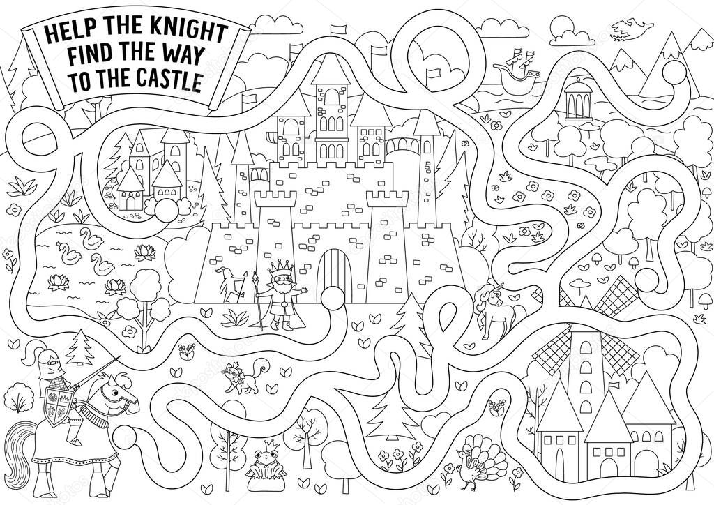 juego de búsqueda de cuento de hadas en blanco y negro vectorial con  paisaje de castillo