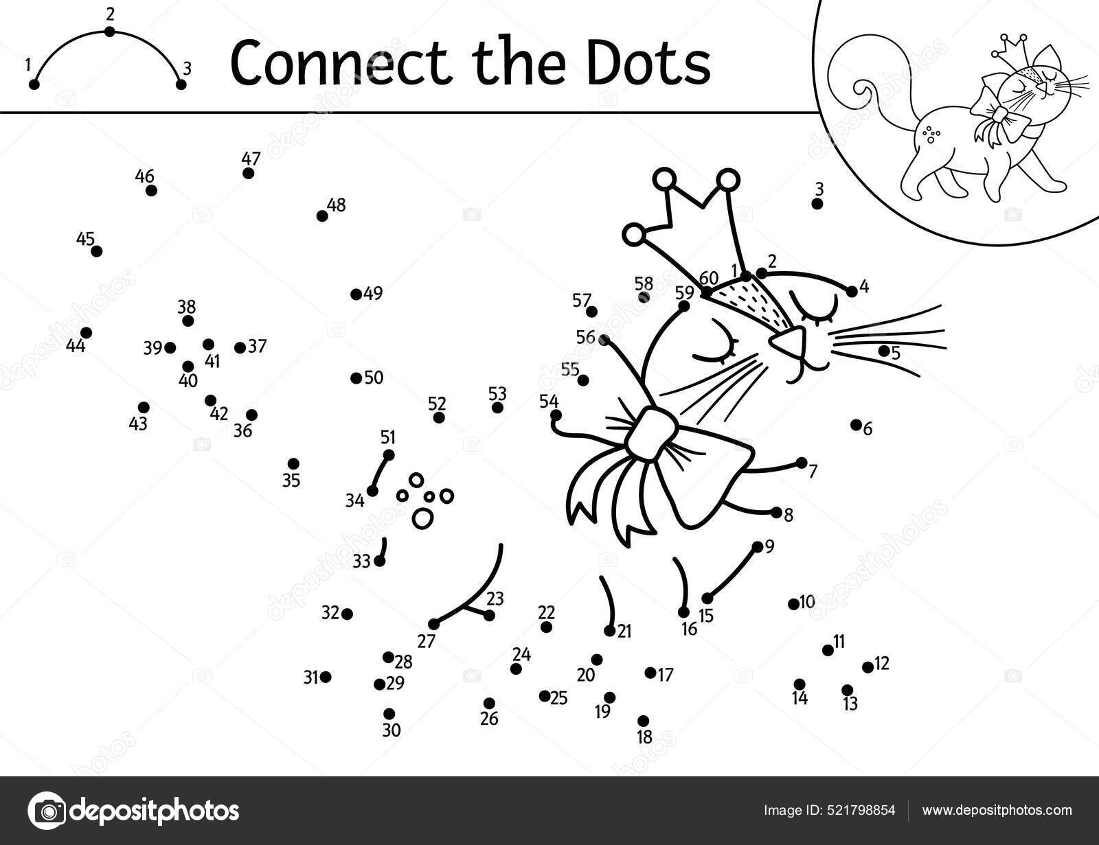 Dottodot vetorial e atividade de cor com gato fofo na coroa reino