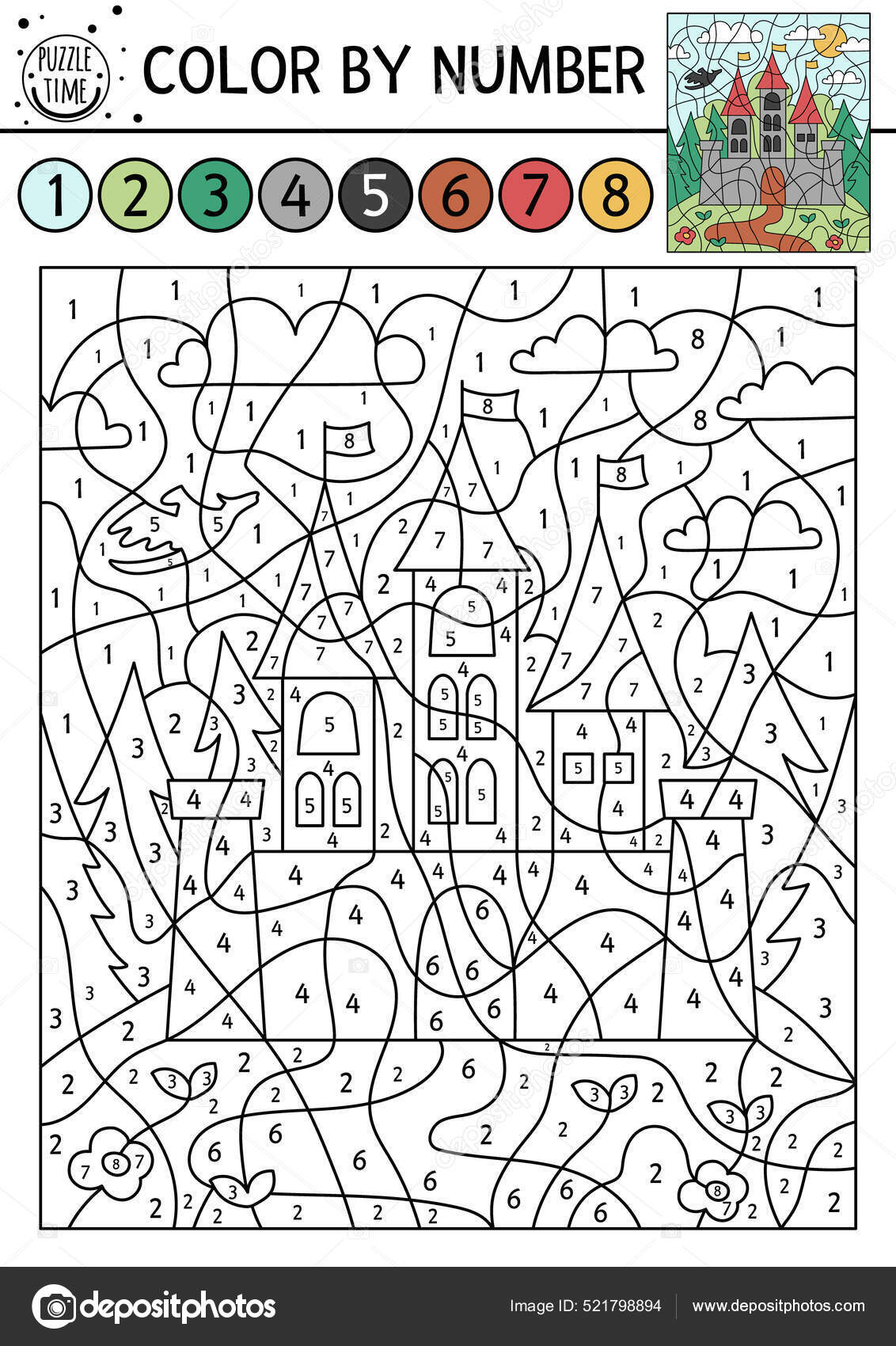Vector Magic Kingdom Color Number Activity Castle Fairytale Counting ...