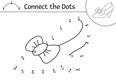 Şirin prenses ayakkabısıyla nokta nokta ve renk aktivitesi. Sihirli krallık çocuklar için kız ayakkabılarıyla noktaları birleştirir. Çocuklar için peri masalı boyama sayfası. Yazdırılabilir çalışma grubu