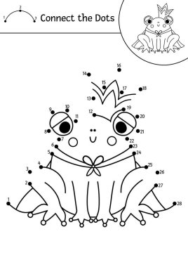 Vector dot-to-dot and color activity with cute frog prince. Magic kingdom connect the dots game for children with fantasy creature. Fairy tale coloring page for kids. Printable workshee vector Vector dot-to-dot and color activity with cute frog prince. Magic kingdom connect the dots game for children with fantasy creature. Fairy tale coloring page for kids. Printable workshee vector