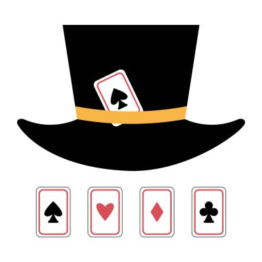 Magician hat with playing cards. Vector circus clipart. Wizard or juggler equipment icon. Cute funny festival clothes clip art. Street show comedian illustratio vector Magician hat with playing cards. Vector circus clipart. Wizard or juggler equipment icon. Cute funny festival clothes clip art. Street show comedian illustratio vector