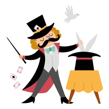 Vector magician icon. Circus artist clipart. Amusement holiday man showing trick with rabbit. Cute funny festival juggler clip art. Street show wizard illustration with hat, rabbit, dove playing card vector Vector magician icon. Circus artist clipart. Amusement holiday man showing trick with rabbit. Cute funny festival juggler clip art. Street show wizard illustration with hat, rabbit, dove playing card vector