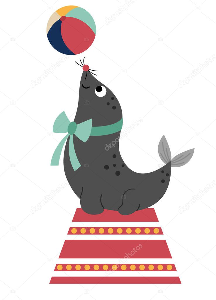 Sea lion on a stand with a ball. Vector circus animal. Amusement holiday icon. Cute funny festival character clip art. Street show comedian illustratio