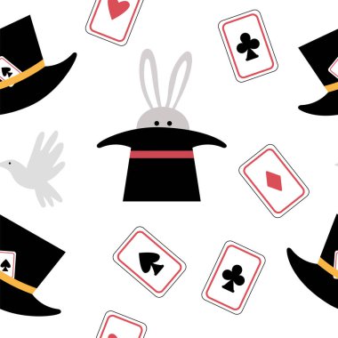 Vector circus or magical illusionist show seamless pattern. Repeat background with magician hat, playing cards, doves. Wizard or juggler equipment digital pape vector Vector circus or magical illusionist show seamless pattern. Repeat background with magician hat, playing cards, doves. Wizard or juggler equipment digital pape vector