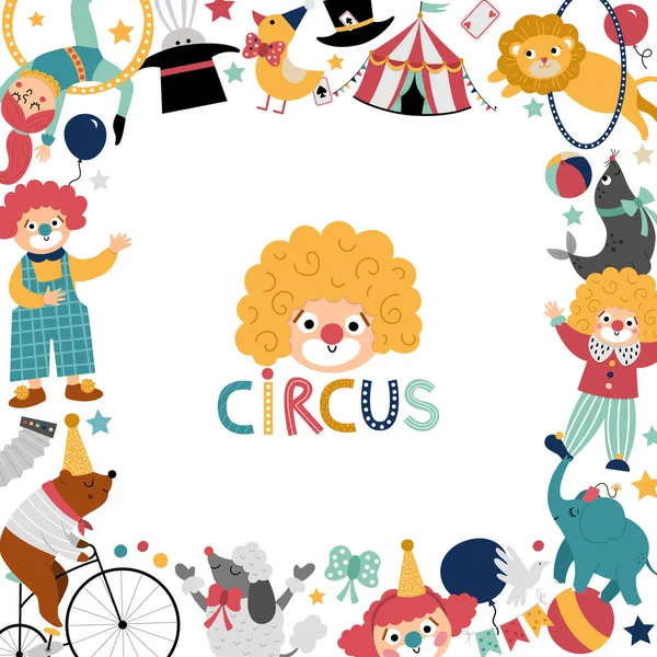 Vector Square Frame Border Circus Characters Objects Street Show Card — Stock Vector