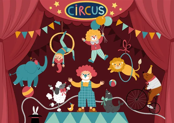 Vector Circus Podium Met Rode Gordijnen Kunstenaars Clown Dieren Straatshow — Stockvector