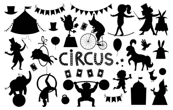 Collection Silhouettes Personnages Objets Cirque Grand Ensemble Vectoriel Noir Blanc — Image vectorielle
