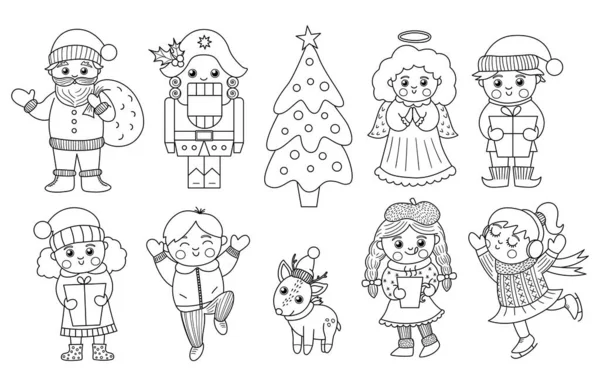 由黑白圣诞字符组成的矢量集 可爱的冬季圣诞老人与袋 胡桃夹子插图或彩色页 有趣的新年或冬季图标 — 图库矢量图片