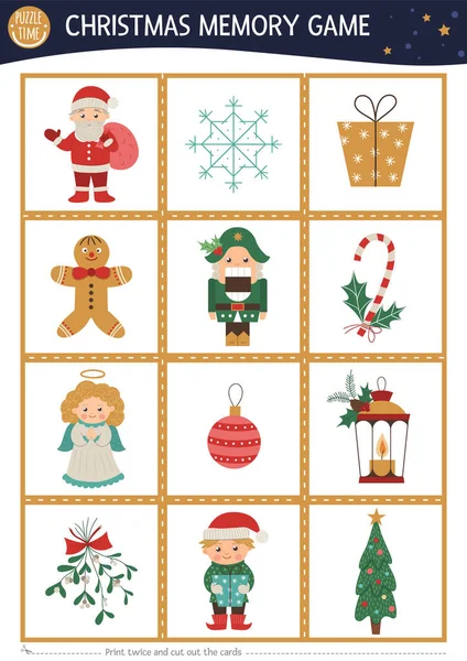 圣诞记忆卡与传统假日标志 用有趣的角色匹配活动 记住并找到正确的卡片 简单的儿童冬季可打印工作表 — 图库矢量图片