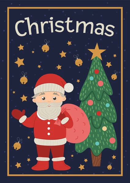 Vector Weihnachtskarte Mit Niedlichem Weihnachtsmann Tannenbaum Lustiger Weihnachtshintergrund Oder Buchcover — Stockvektor