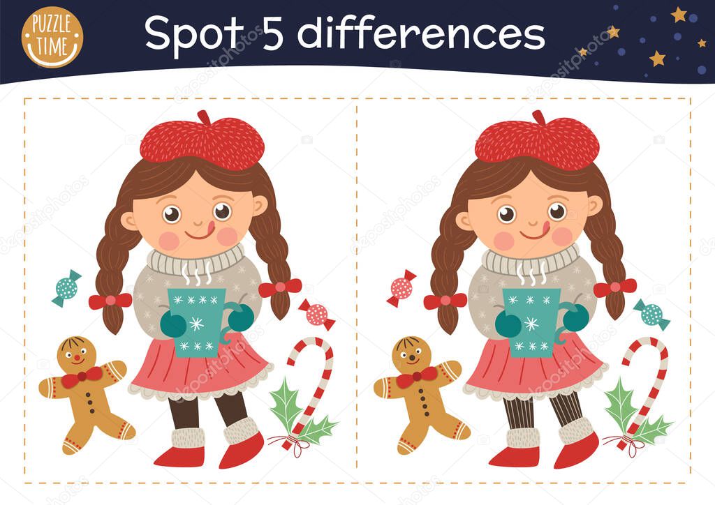 Christmas find differences game for children. Winter educational activity with funny girl, gingerbread man, hot drink. Printable worksheet with smiling kid. Cute New Year puzzle for kid