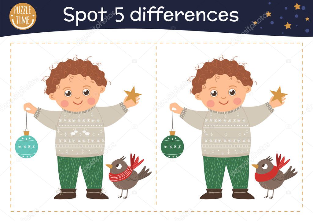 Christmas find differences game for children. Winter educational activity with funny boy, bird and ornament. Printable worksheet with smiling kid. Cute New Year puzzle for kid