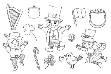 Vector black and white Saint Patrick Day symbols. National Irish holiday line icons pack. Cute funny leprechaun, shamrock, harp, flag outline illustration or coloring page