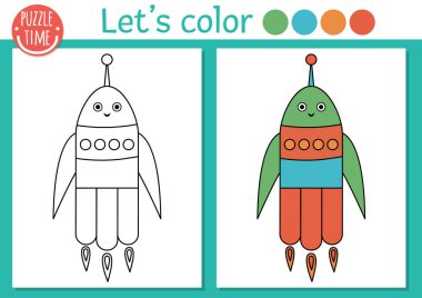 Çocuklar için uzay boyama sayfası. Şirin, komik, gülümseyen roket. Vector Astronomy, Kawaii uzay gemisiyle ilgili ana hatları çiziyor. Kozmos renkli örnekleri olan çocuklar için renk kitabı