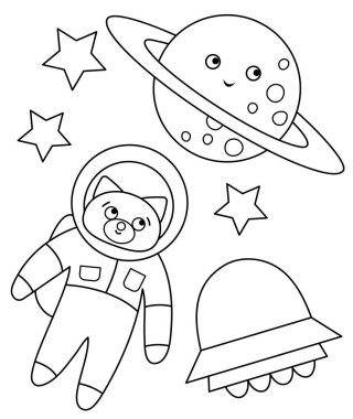 Uzaydaki siyah-beyaz komik astronot tilkileri gezegenleri, yıldızları ve UFO 'ları olan vektör siyah-beyaz. Çocuklar için sevimli kozmik illüstrasyon. Kawaii uzaylı astronomi renklendirme sayfası