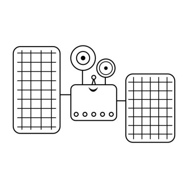 Çocuklar için siyah-beyaz uydu illüstrasyonu. Beyaz arka planda izole edilmiş özet gülümseme teknikleri simgesi. Çocuklar için uzay keşfi renk sayfası. 