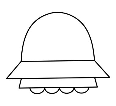 Çocuklar için siyah-beyaz UFO çizimi. Ana hatlı uçan daire simgesi beyaz arkaplanda izole edildi. Çocuklar için yer boyama sayfası 