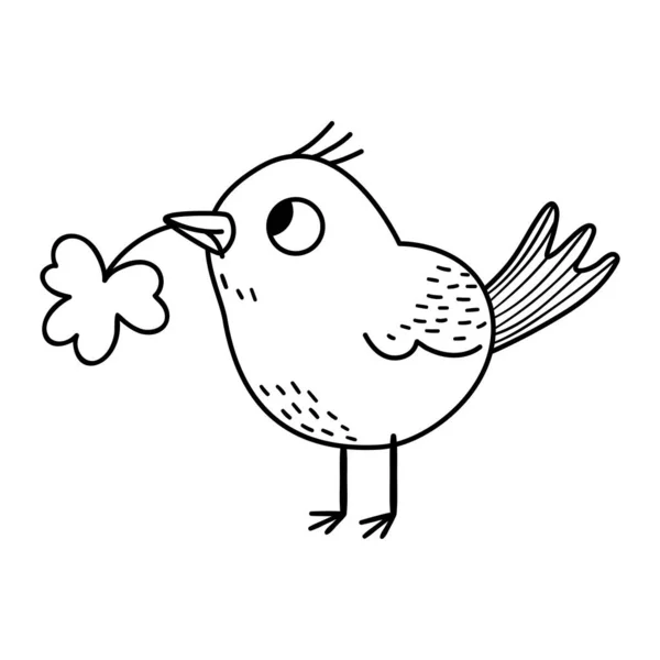 Vetor Pássaro Engraçado Preto Branco Com Trevo Bico Bonito Dia — Vetor de Stock