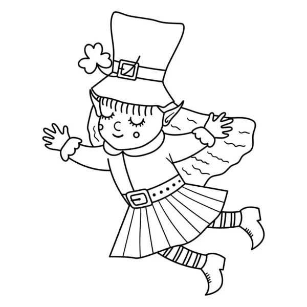 伝統的な服やシャムロックと帽子でベクトル黒と白の面白い妖精 かわいい聖パトリックの日のアウトラインイラストや着色ページ アイルランドの祝日 Line Ico — ストックベクタ