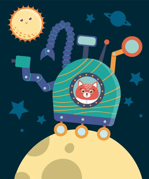 月を探索するローバーの宇宙でベクトル面白い宇宙飛行士キツネ 宇宙飛行士とのかわいい銀河シーン 子供のためのコスモスイラスト — ストックベクタ