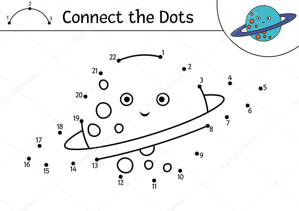 Vector space dot-to-dot and color activity with cute planet. Astronomy connect the dots game for children. Funny math coloring page for kids with kawaii sta