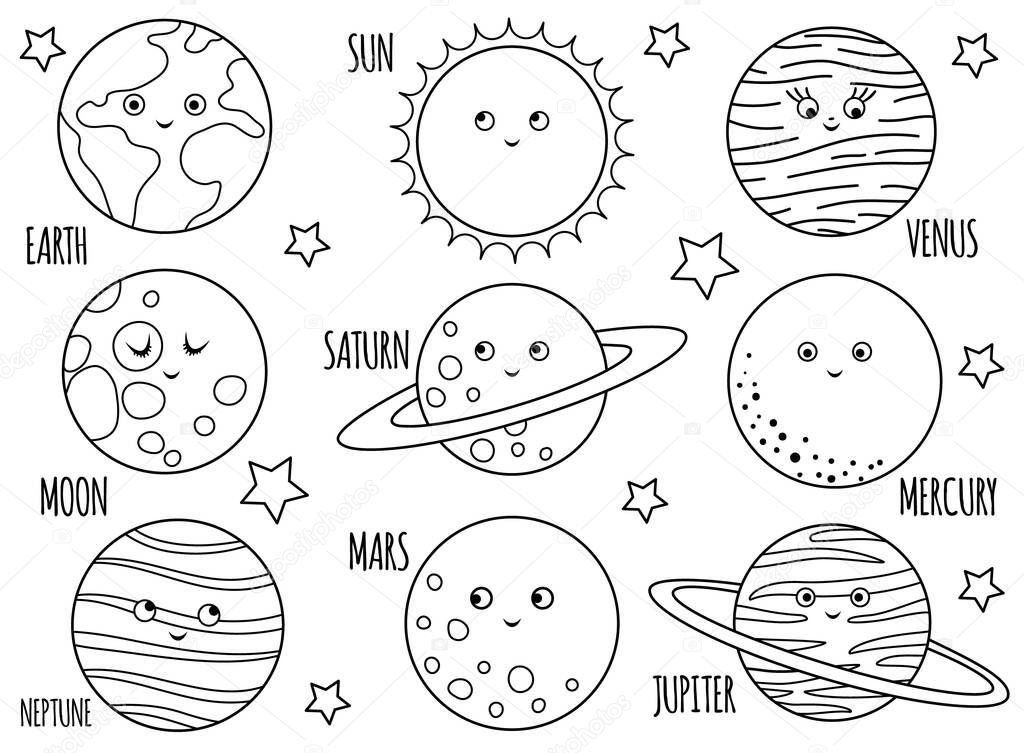 Vector black and white planets set for children. Outline illustration of smiling Earth, Sun, Moon, Venus, Mars, Jupiter, Mercury, Saturn, Neptune. Space coloring page for kids