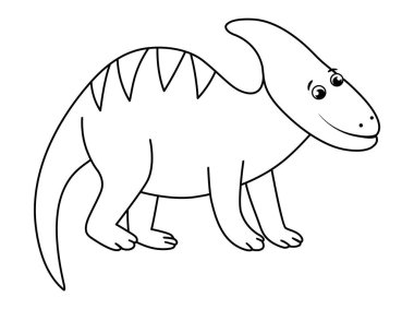 Beyaz arkaplanda izole edilmiş şirin dinozor çizgisi simgesi. Komik siyah beyaz dino karakteri. Sevimli tarih öncesi sürüngen tasviri. Parasaurolophus renklendirici pag