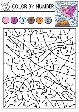 Tarih öncesi renkleri dinazorlarla olan etkinliklerine göre sırala. Eski hayvan boyama ve sevimli dinozorlarla sayma oyunu. Çocuklar için komik eğitici renk sayfası.