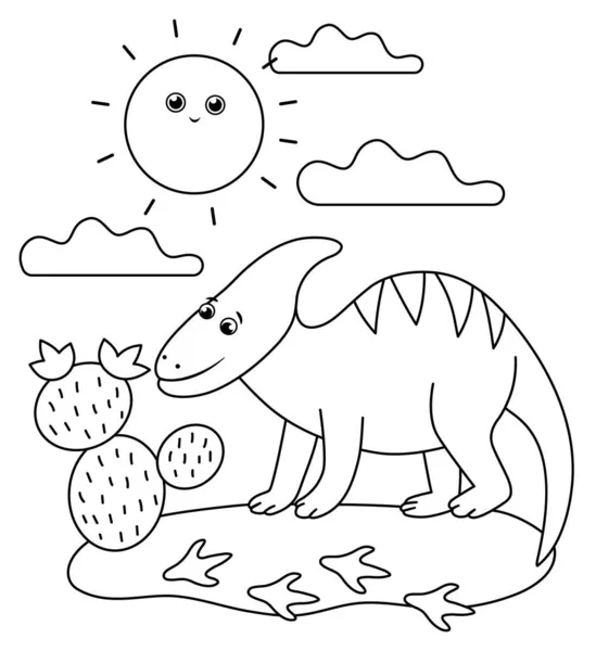 Черно Белый Динозавр Пустыне Солнцем Кактусом Летняя Сцена Наброска Иллюстрации — стоковый вектор