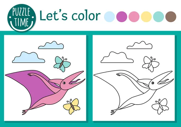 Prehistoric Coloring Page Children Cute Funny Scene Pterodactyl Nest Eggs — Stock Vector