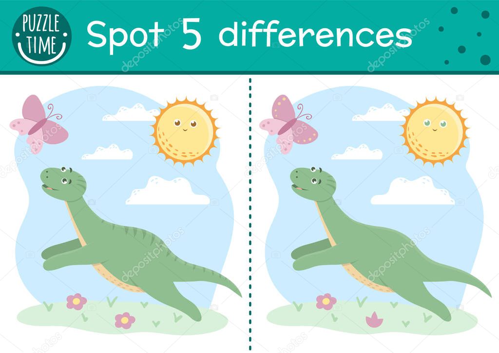 Prehistoric find differences game for children. Jurassic period educational activity with funny dinosaur. Printable worksheet with dino running for butterfly. Cute ancient animal puzzle for kid