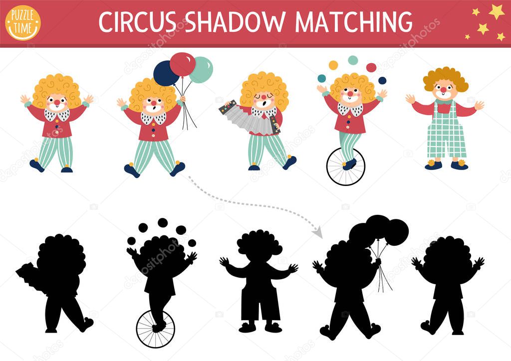 Circus shadow matching activity with cute clowns. Amusement show puzzle with funny characters. Find correct silhouette printable worksheet or game. Entertainment festival page for kid