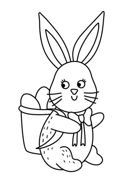 Векторный Черно Белый Кролик Несет Корзину Яйцами Пасхальная Традиционная Икона — стоковый вектор