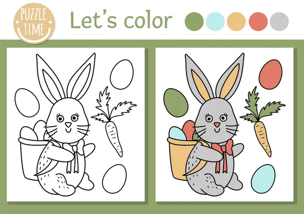 Coloriage Pâques Pour Enfants Lapin Drôle Avec Panier Oeufs Colorés — Image vectorielle